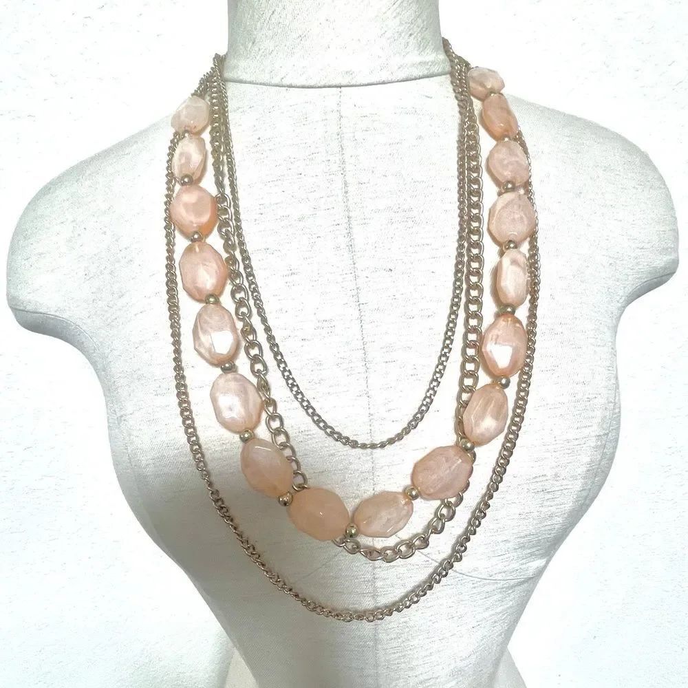 Peach beaded gold tone multi strand statement necklace